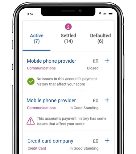 Experian app showing a list of credit accounts and their payment history