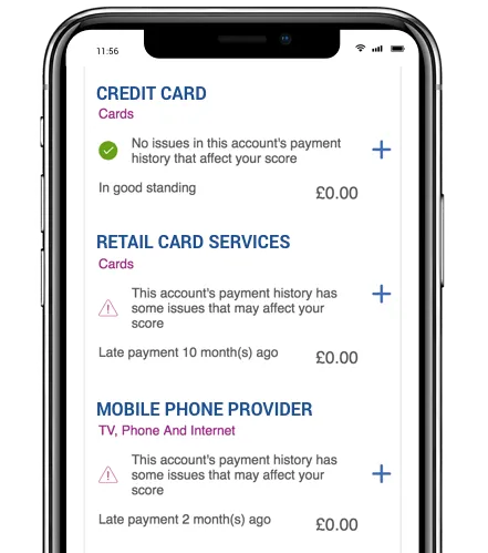 Experian app showing the payment status of an account
