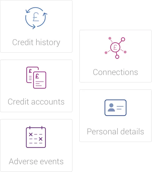 The sections of an Experian Credit Report: credit history, credit accounts, adverse events, connections and personal details